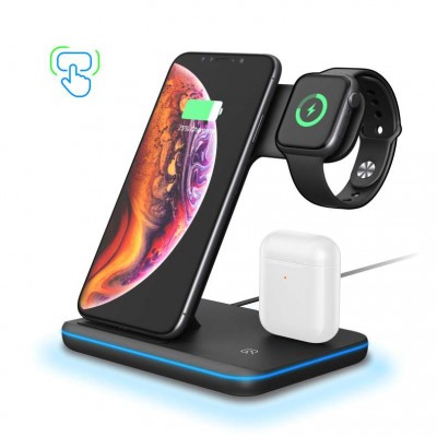 Fashion  Multifunction 3 in 1 15w QI Stand Wireless Charger Pad For Cellphone Smart Watch Earphone Charging